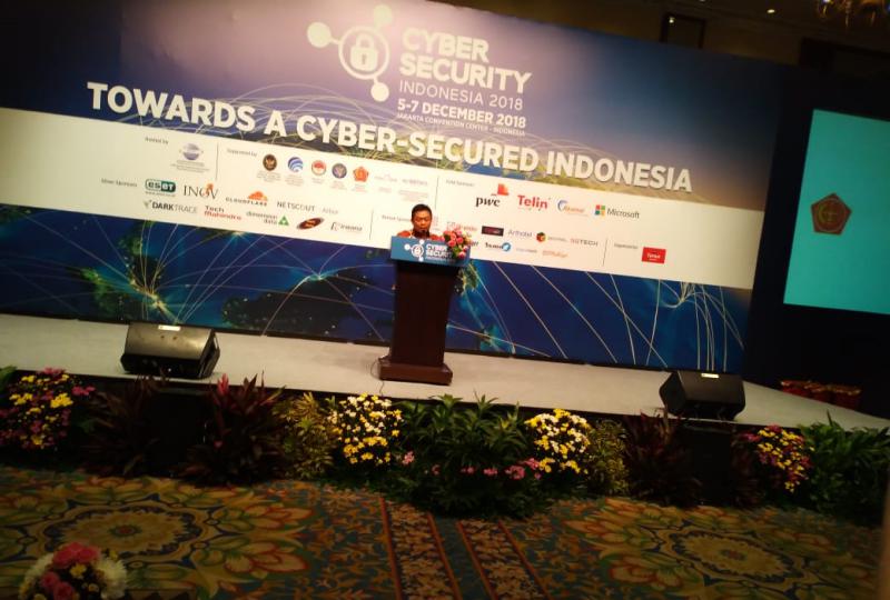 Ketua Umum ATSI, Ririek Adriansyah memberikan sambutan dalam acara pembukaan Cyber Security Indonesia 2018 (JCC, 5 Agustus 2018)